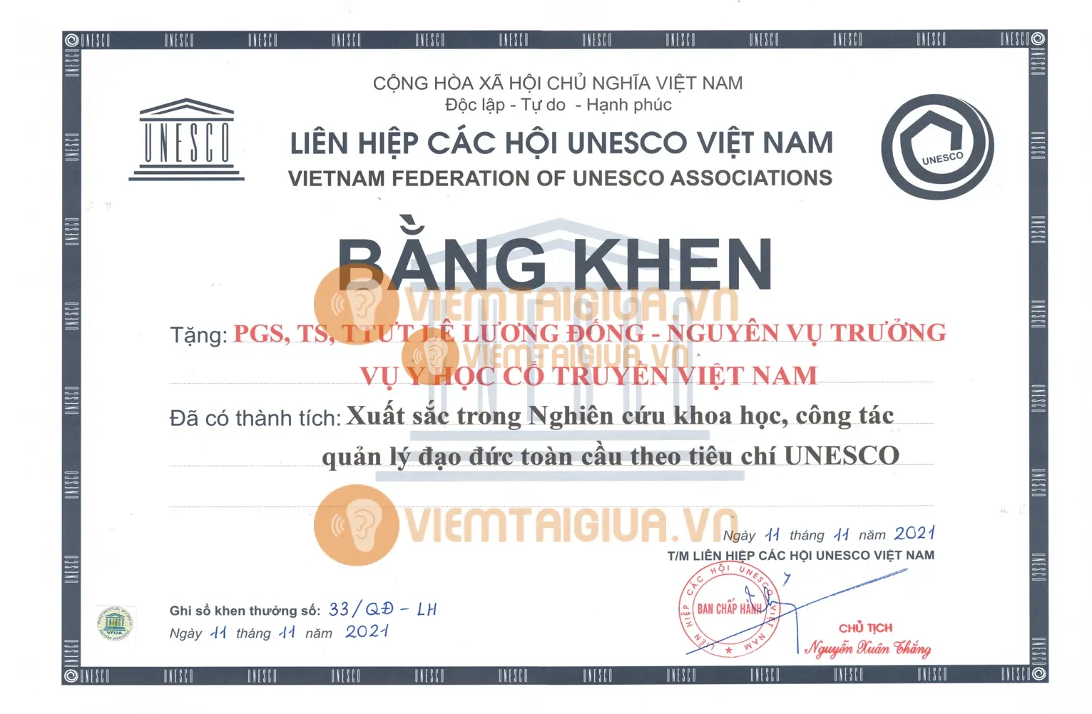 Giải thưởng UNESCO trao tặng PGS.TS.TTƯT Lê Lương Đống